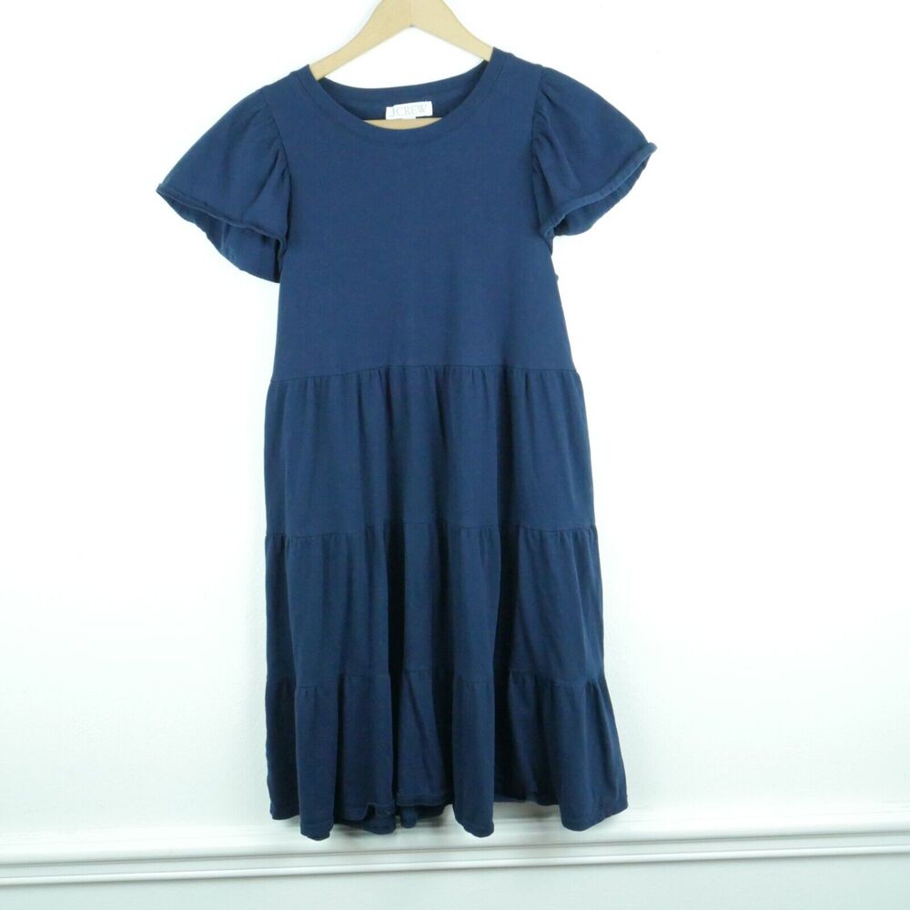 J Crew XS Dress Tiered Mini Ruffle Navy Blue Preppy Nautical Beachy Jersey Knit